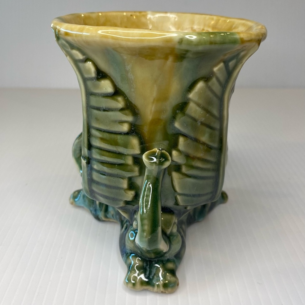 Vintage Lucky Elephant Three Sides Planter Trunk Up Majolica Pottery - Picture 5 of 9